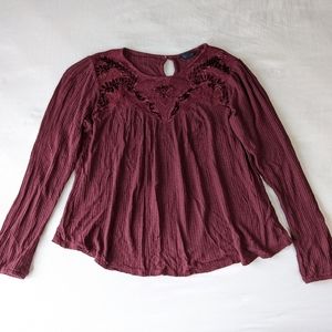Lucky Brand Maroon Linen Blend Long Sleeve Shirt Size Medium